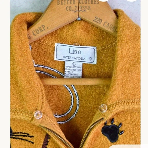 Lisa International VINTAGE Felted Zip Vest with Black Cat Embroidery - Picture 2 of 4